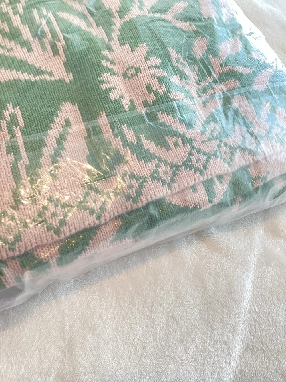 Anthropologie Bunny Throw Blanket Cotton Knit New Green Pink Bunnies 50x70